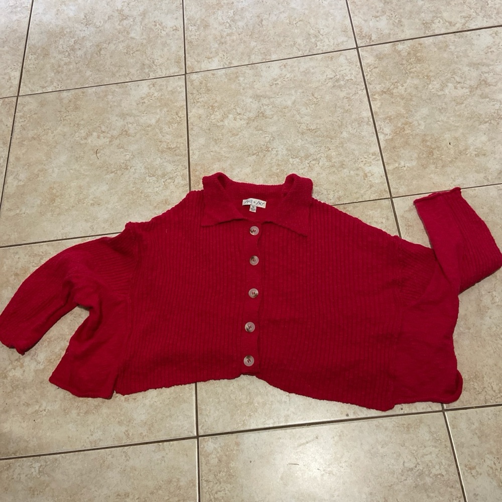 She + Sky Vibrant Red Button-Up Cardigan
